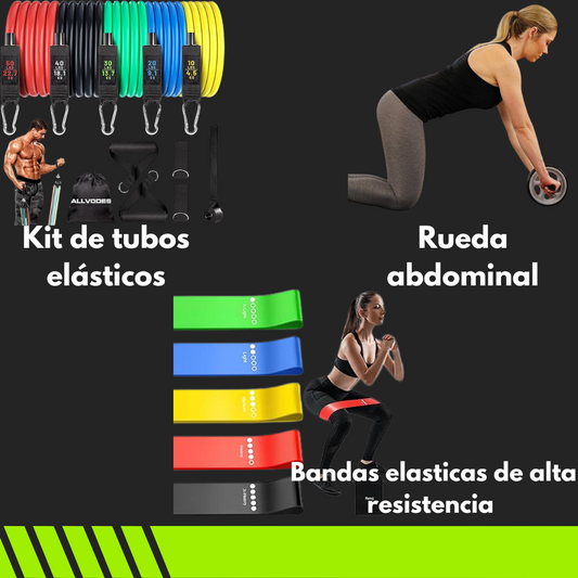 Combo Gimnasio en Casa: Tubos elásticos + Rueda abdominal + Bandas de alta resistencia. Todo lo que necesitas para entrenar desde casa. 💪🏠
